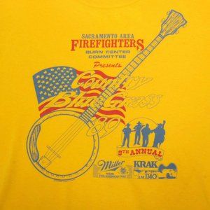 Vintage 1989 Firefighters Blue Grass Festival Yellow Men's T-Shirt Tee sz L